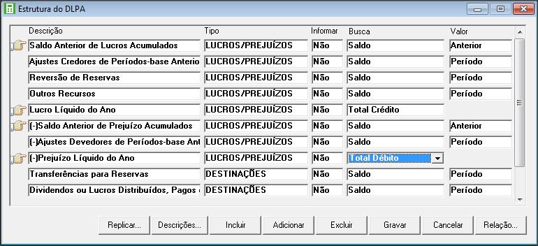 OBS: Caso tenha lançamentos de destinações do Lucro, as contas de contra partida ao Lucro devem ser informadas na estrutura do DLPA referente às destinações.