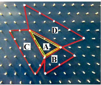28. Material: Geoplano isométrico. Dados o triângulo retângulo A e os três trapézios isósceles B, C e D, construídos sobre os lados de A.