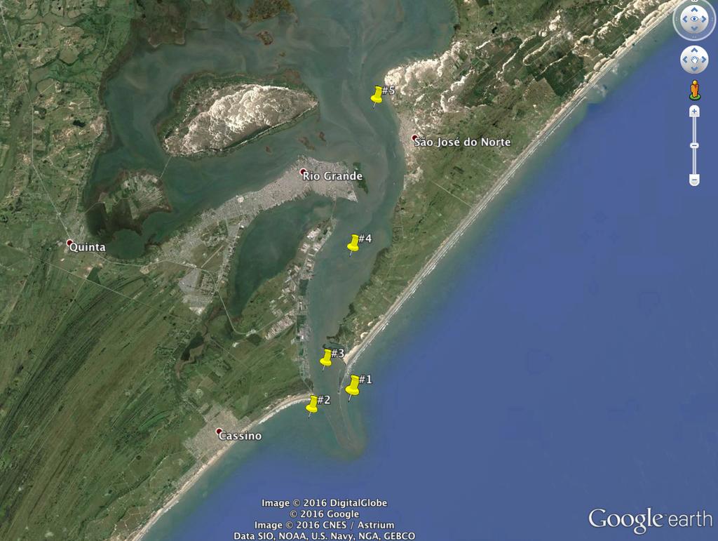 Estado do Rio Grande do Sul Figura 4 Estações amostrais. Lat/Long: #1 32º9 46.01 S/52º4 23.39 O, #2 32º10 22.98 S/52º6 8.88 O, #3 32º8 49.38 S/52º5 36.65 O, #4 32º4 57.67 S/52º4 34.01 O, #5 32º59 56.