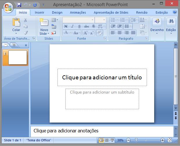 Aula 1 Microsoft Office Power Point O PowerPoint 2007 permite um acesso prático, fácil e criativo para todas as necessidades de apresentações, além de dispor de diversos recursos novos e aprimorados