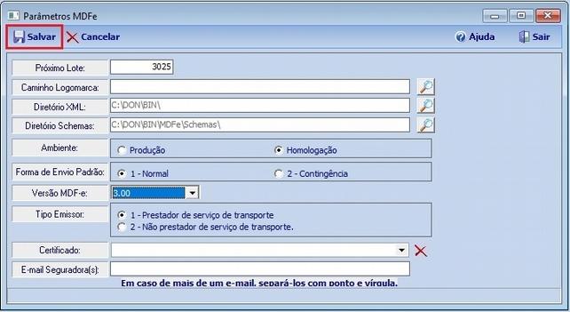 2 Localize o campo Versão MDF-e e altere a versão de 1.0 para 3.0. (Vide imagem abaixo). 3 Após alterar a versão para 3.0, clique no botão Salvar. (Vide imagem abaixo). 4 Após atualizar para a versão 3.