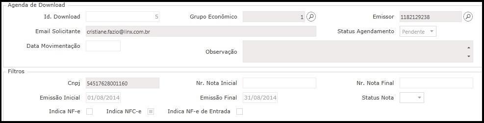 Sistema apresenta a tela Consulta de Agendador de Download Esta é uma tela apenas de Consulta, para os Agendamentos já realizados na tela de Download de XML s.