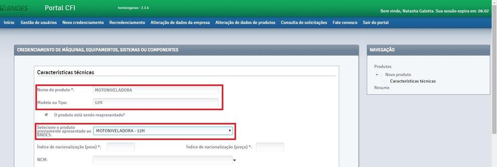 Reapresentação de produto (NF) Nome e modelo preenchidos automaticamente