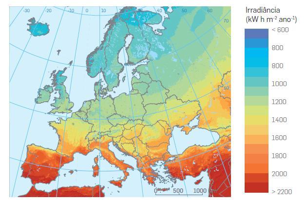 Mapa da irradiância solar para a Europa.