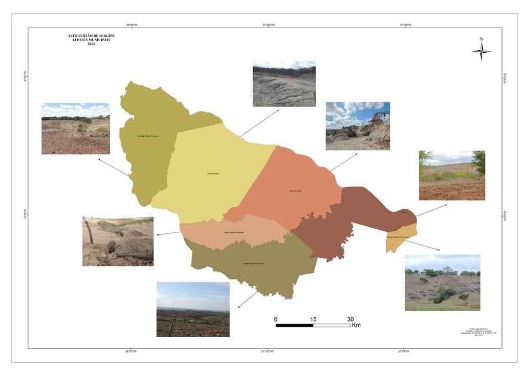 Mapa 1- Alto Sertão de Sergipe: Municípios e indicadores de degradação do solo Fonte: Atlas da SRH (2012) e trabalho de campo (2014).