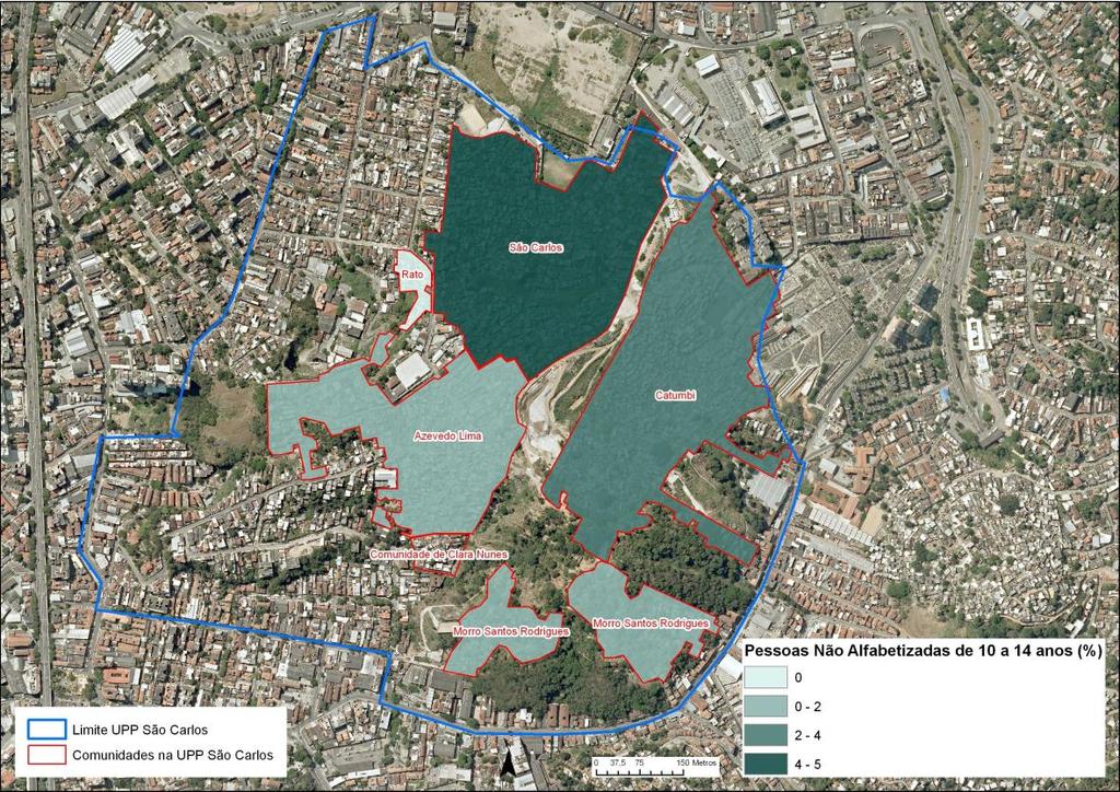 Mapa 7 Percentual de Pessoas de 8 a 9 anos Não-Alfabetizadas segundo as comunidades na UPP São Carlos 2010 Fonte: Dados do Censo Demográfico IBGE (2010) A Tabela 16 também se refere às crianças na