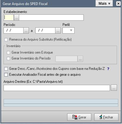 Geração do Arquivo de inventário para o SPED Fiscal Para gerar o arquivo do inventário para o SPED Fiscal, deve-se ir no menu de Movimentos Obrigações Estaduais Gerar Arquivo do SPED ICMS/IPI onde