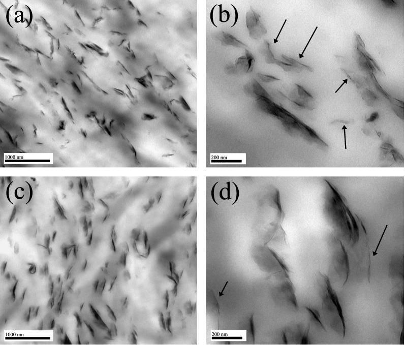 Figura 2. Micrografias de TEM dos nanocompósitos de PP/MMT das amostras com IF de 10 g/10min (ampliação 30.000X (a) e 100.000X (b)) e IF de 45 g/10min (ampliação 30.000X (c) e 100.000X (d)).