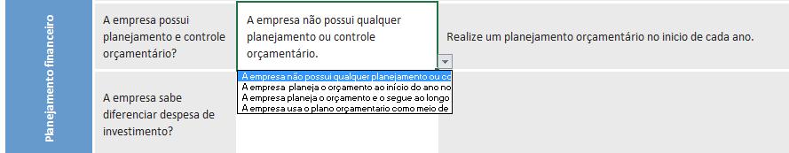 Acima temos uma pergunta a empresa possui planejamento e controle orçamentário? da área financeira, sub grupo de planejamento financeiro.