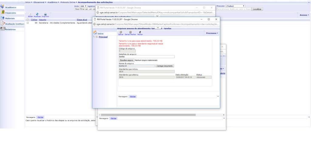 Na tela que se abre do documento, pode-se visualizar o mesmo clicando em carregar documento. O protocolo online é uma facilidade para o aluno e um controle para a instituição.