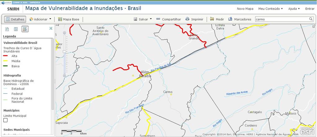 Figura 75 Mapa de Vulnerabilidade à Inundações em Carmo Rio Paraíba do Sul. Influência Fonte: http://www2.snirh.gov.br/home/webmap/viewer.html?webmap=cf201bd9b2c540fa951b061
