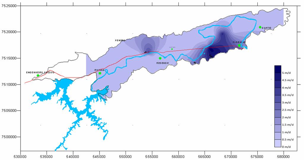(1 ao 5), sendo distribuídas no modelo de acordo com o mapa de lineamentos da Bacia Sedimentar de Resende.