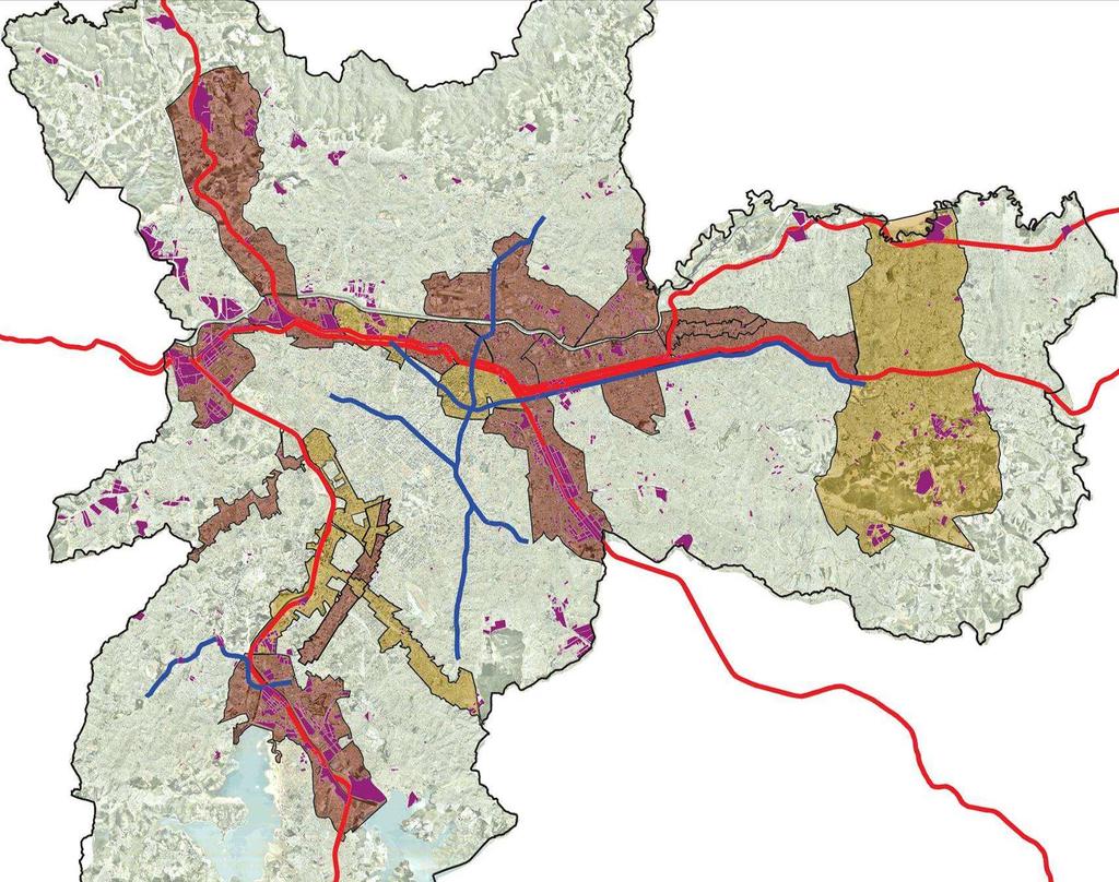 Operações Urbanas Selecionadas Rede sobre Trilhos 2014 (CPTM) Rede de Metrô 2014 (Metrô) Rede de Metrô Leve 2014 (Metrô + SPTrans) Operações Urbanas Selecionadas Operações Urbanas existentes