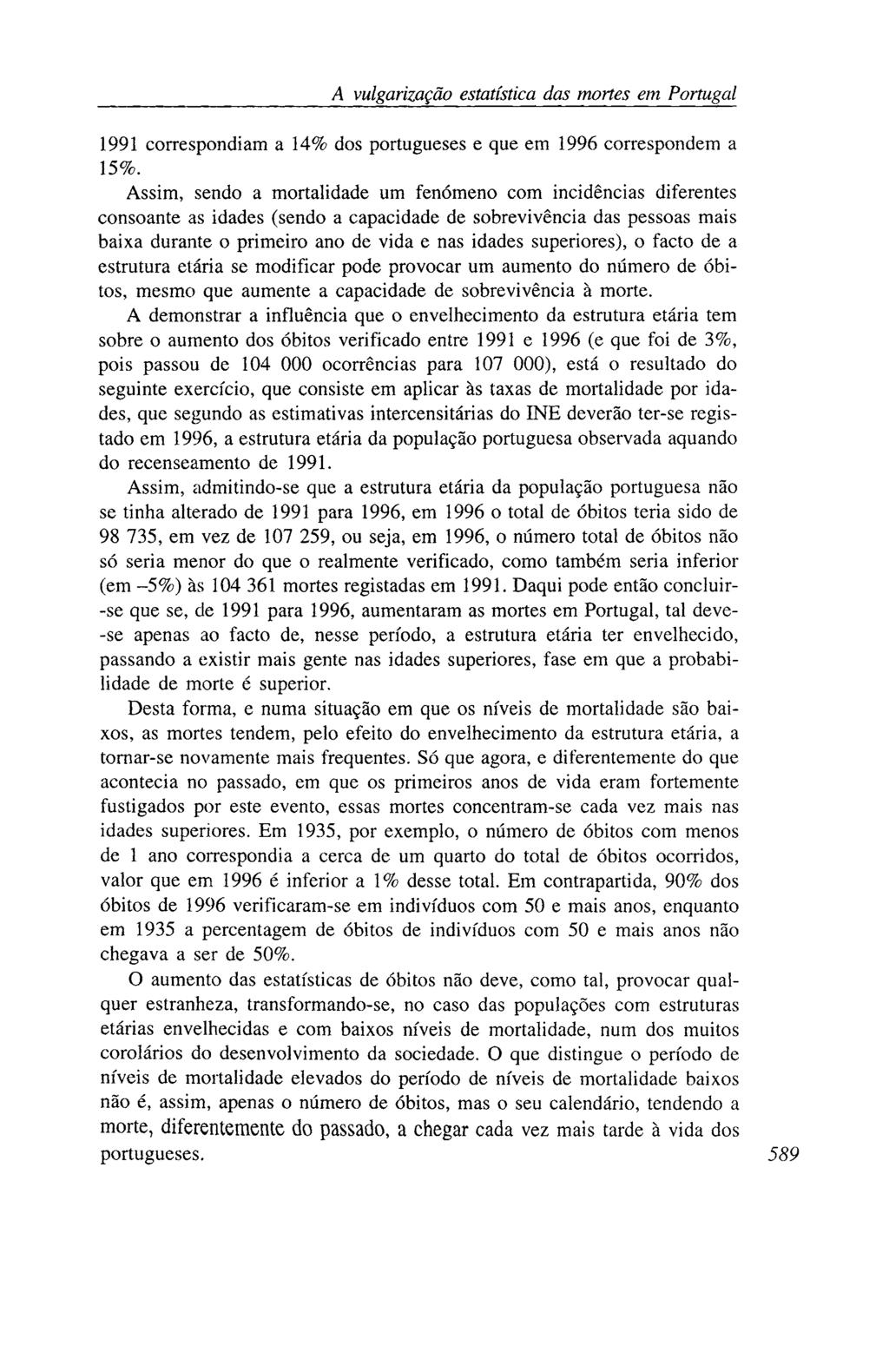 A vulgarização estatística das mortes em Portugal 1991 correspondiam a 14% dos portugueses e que em 1996 correspondem a 15%.