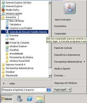 Acesso ao MG-E1 Para acessar o servidor E1 é necessário utilizar o Acesso Remoto do Windows. Clique em Iniciar/Todos os Programas/Acessórios/Conexão de Área de Trabalho Remota.