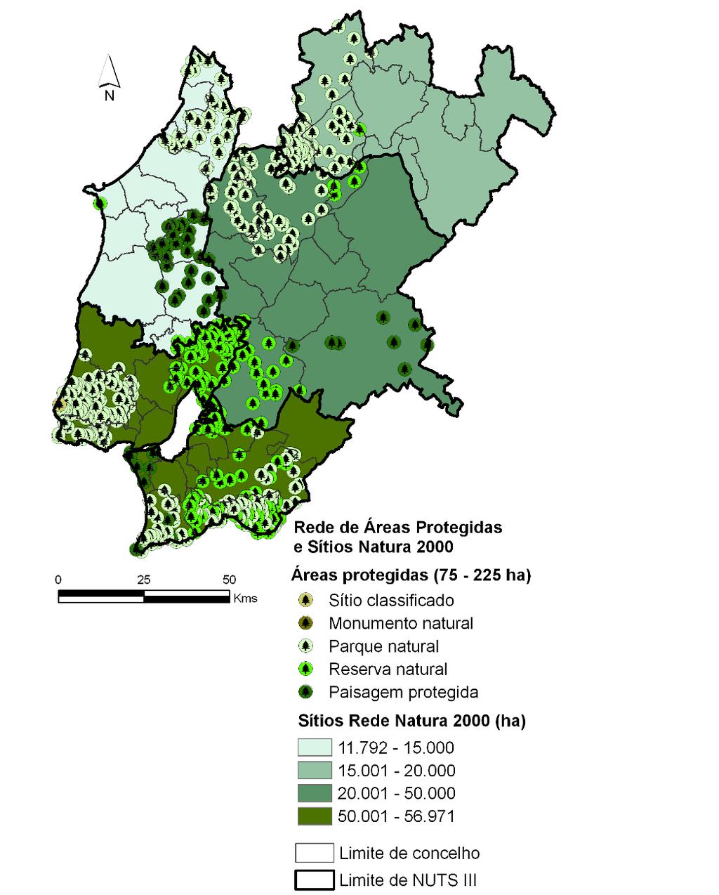 57 Superfície de Áreas Protegidas por tipo e de Sítios Rede Natura 2000 (ha) em 2010 Sítio classificado Superfície de Áreas Protegidas (ha) Monumento natural Parque natural Reserva natural Paisagem