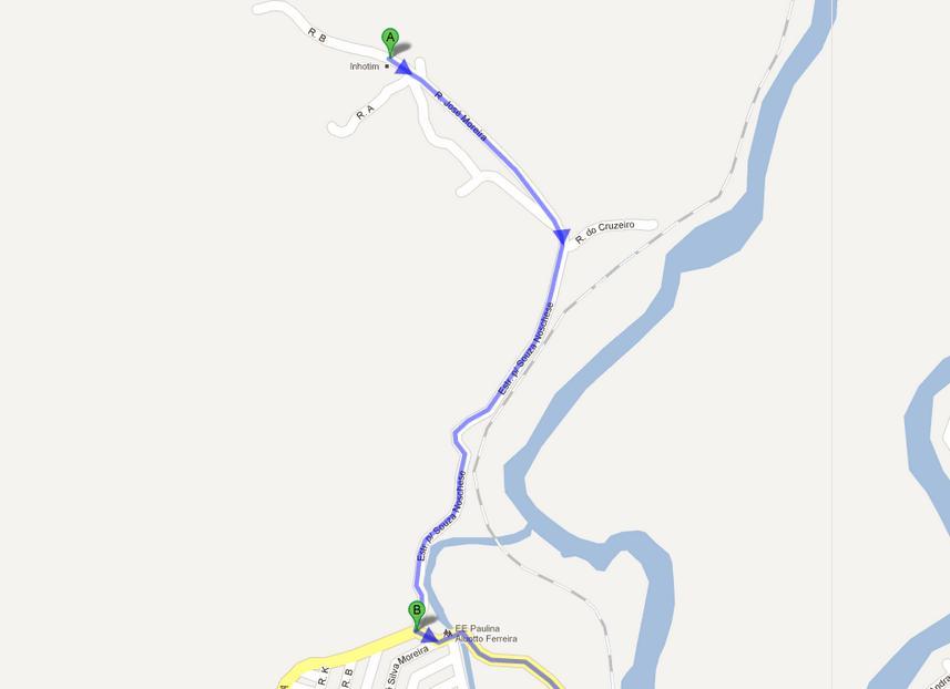 3. Detalhamento do caminho a ser seguido: A partir do Inhotim, continue seguindo em direção ao centro de Brumadinho por aproximadamente 1,7 km até a Avenida Inhotim indicada pelo ponto B, onde