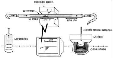 Revisão da Literatura 119 Figura 17 - Diagrama mostrando como o fluxo de líquido é medido através do dispositivo Flodec, capaz de detectar alterações lineares mínimas do movimento da bolha de ar