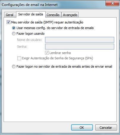 Clique na guia SERVIDOR DE SAÍDA e marque a opção MEU SERVIDOR DE SAIDA (SMTP) REQUER AUTENTICAÇÃO.
