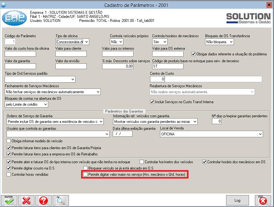 horas)" através do qual será possível parametrizar a oficina, para liberar alteração de valor quando utilizado o tipo de cálculo de preço "Hora mecânico (hora mecânico*qtde horas)" na