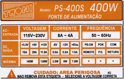 FONTES DE POTÊNCIA NOMINAL E REAL Exemplo de etiqueta lateral da fonte,