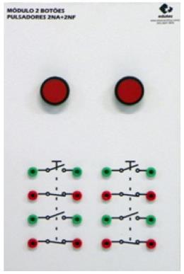 o Categoria de emprego: AC-15; o Corrente nominal: 3A; o Tensão de isolação: 600V; o Contatos: 1NA; 02 Módulos com 02 botoeiras vermelhas: o Botão pulsador (22mm) na cor vermelha; o