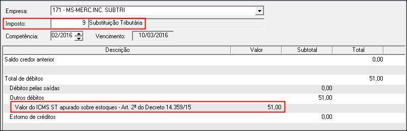 5 No campo VALOR ORIGINAL DO ICMS ST A RECOLHER SOBRE O ESTOQUE, será informado o valor do campo VALOR TOTAL DO ICMS SOBRE LEVANTAMENTO DO ESTOQUE CRÉDITO FISCAL; 3.