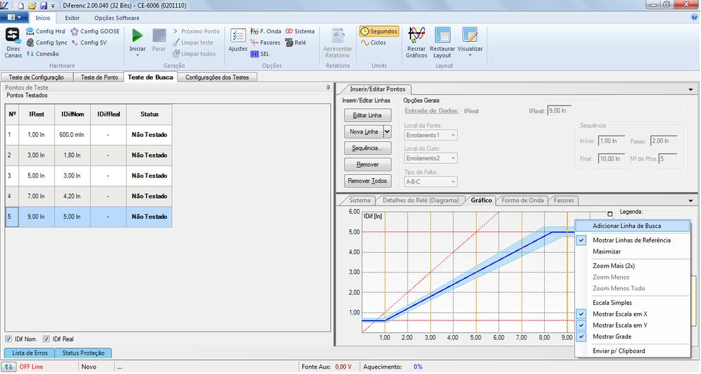 13. Teste de Busca para o Slope 2 INSTRUMENTOS PARA TESTES ELÉTRICOS Para o teste de busca, basta clicar com o botão direito do mouse no gráfico dentro da aba Teste de