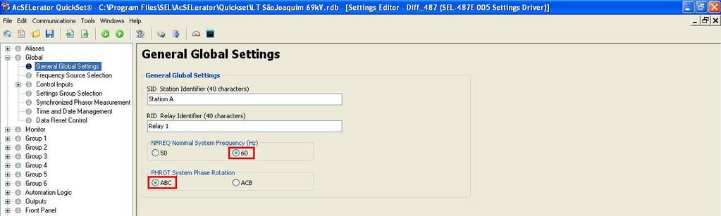 Nessa aba ajustam-se os valores nominais de frequência e sequência de fase. 3.2 Relay Configuration Figura 7 Clique no sinal de + em Group 1 e em Set 1.
