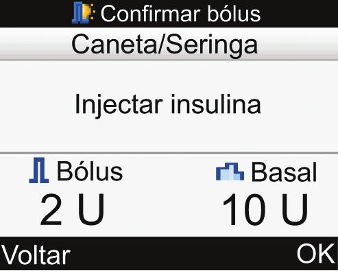 Para ajustar a quantidade de bólus: j Seleccionar o campo de introdução Bólus e premir =. j Definir o valor do bólus de insulina e premir =.