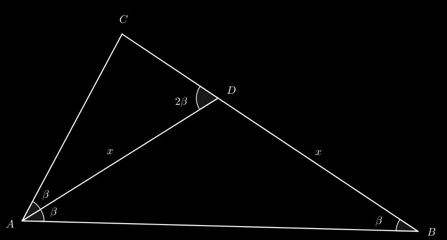 126 BD = DA = x. Por outro lado, o ângulo ADC é ângulo externo ao triângulo BDA; logo, ele é a soma dos ângulos não adjacentes, donde ADC = 2β. Figura 6 Triângulo com lados inteiros e A = 2 B = 2β.