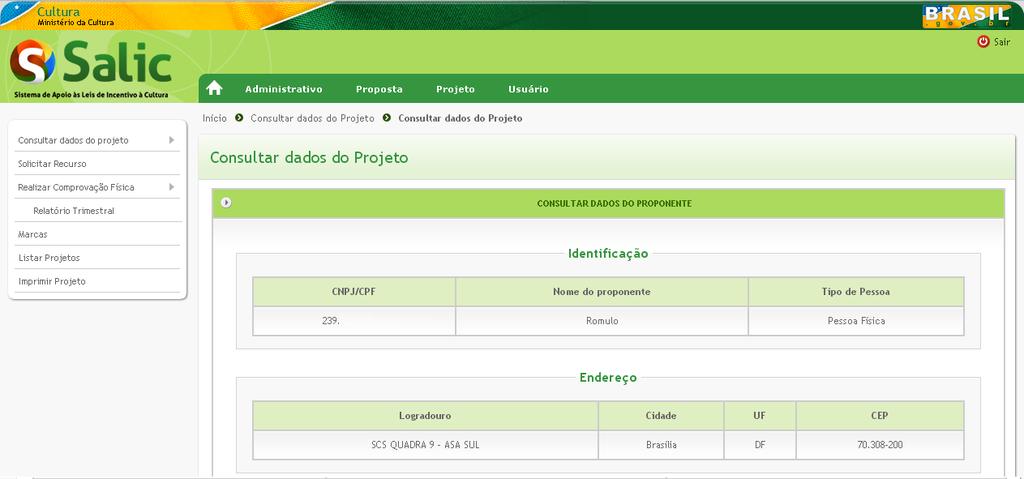 exibida tela com os dados do projeto e com o menu lateral liberando as funcionalidades de acordo com a fase do projeto: 3º Passo Figura 10 -