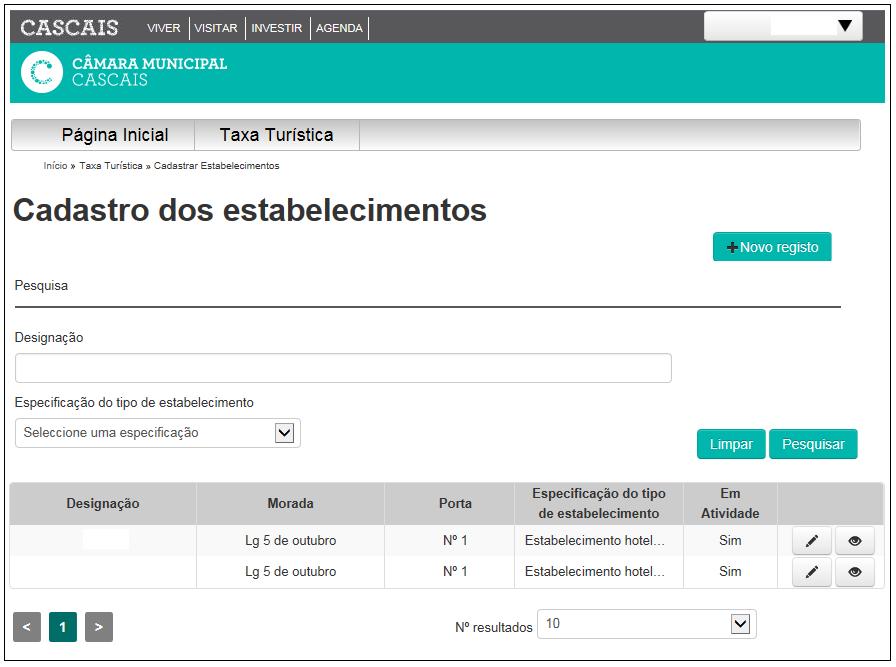 Pesquisa do Estabelecimento Carregue no separador Taxa Turística / Cadastrar Estabelecimentos Aparecerá na plataforma o écran seguinte: A Pesquisa poderá ser efetuada por : 1.