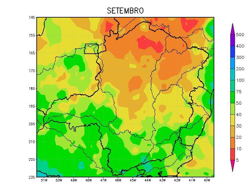 Figura 7 Precipitação média de setembro. Período: 1998 a 2013.