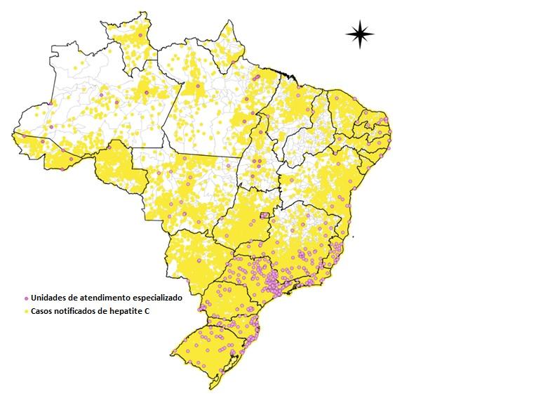 Distribuição dos casos de Hepatite C segundo município de residência e unidades de atendimento especializado de hepatites virais. Brasil, 2005-2015.