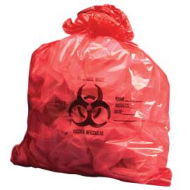Resíduos infectantes com alto risco infeccioso (príons e agentes de risco de classe 4) devem ser acondicionados em sacos vermelhos, com pictograma de material infectante.