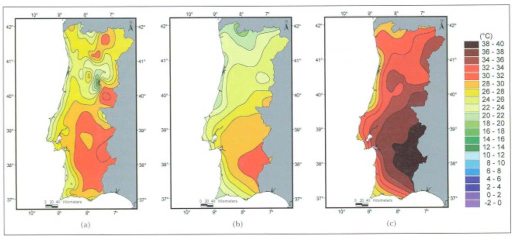 temperatura no verão: a) dados 1961-1990; b)