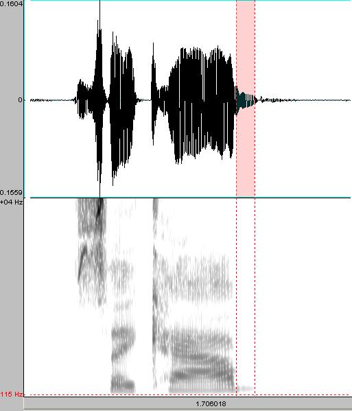 FIGURA 5 No espectrograma, entre linhas verticais pontilhadas, a barra de sonoridade e a não produção do burst, no segmento [g], na primeira repetição da sentença say cab, produzida pelo informante