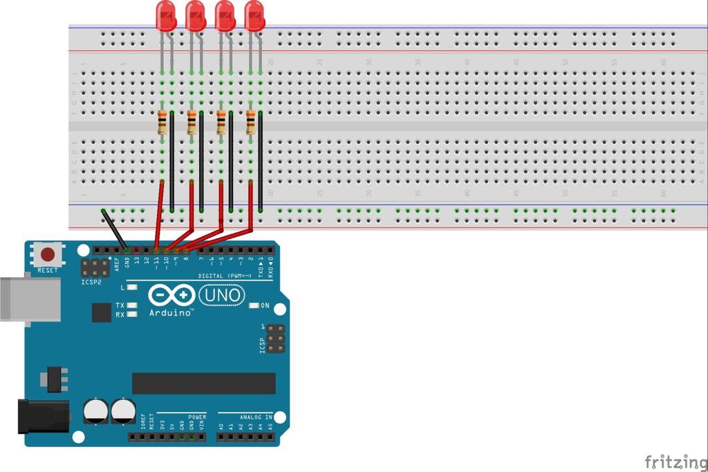 Prática de programação do Arduino Montar um circuito de quatro LEDs