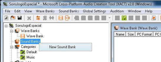 Para tal siga os seguintes passos: Passo 1: Clique com o botão direito no item Wave Banks, localizado no menu esquerdo do seu projeto de sons e selecione a opção New Wave Bank.