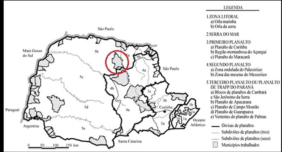 5 Figura 3. Mapa das subzonas naturais do Paraná segundo. O circulo em destaque vermelho corresponde ao município de Londrina. Fonte: MAACK, 1981. Adaptado. 2.