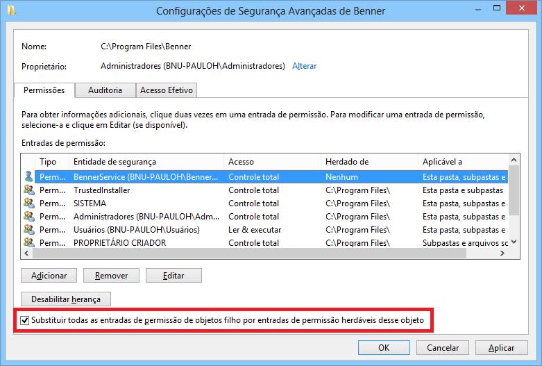 Conceder permissão total para este usuário na pasta "C:\Arquivos de programas\benner\".
