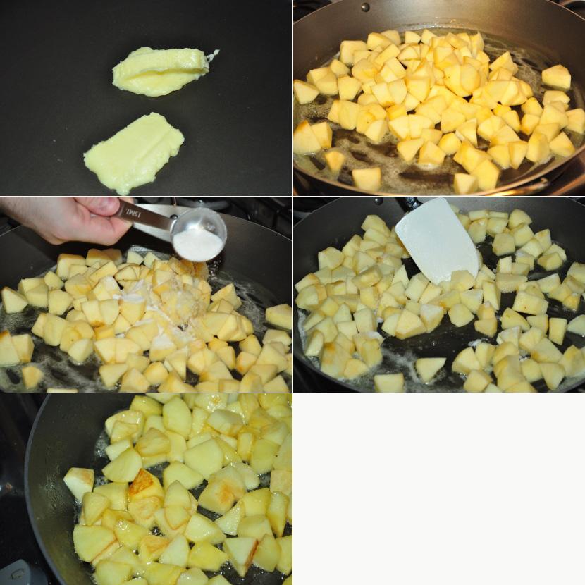 Em uma frigideira em fogo médio, adicione uma colher de manteiga. Quando a manteiga derreter, adicione as maçãs em cubinhos.