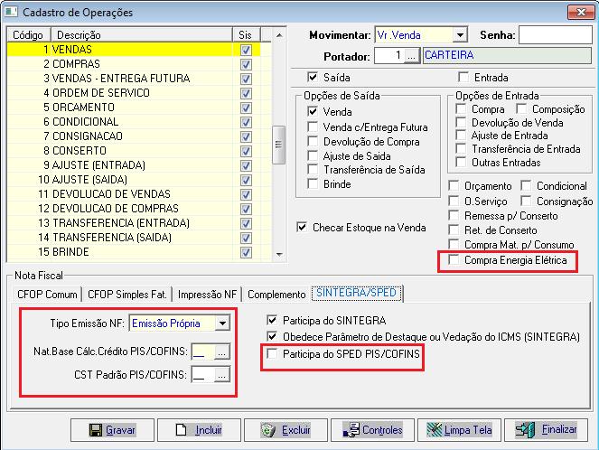 10 Cadastro de Operações Adicionada nova aba SINTEGRA/SPED, contendo os campos para configuração, sendo eles: Compra Energia Elétrica: Campo exclusivo para NF e Energia Elétrica; Tipo Emissão NF: