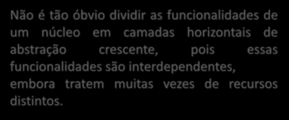 Sistemas em camadas Não é tão óbvio dividir as funcionalidades de um núcleo em camadas horizontais de