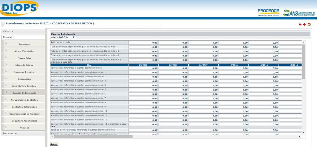 16º Passo Eventos Indenizáveis DIOPS Procenge Movimentação Provisão de Eventos As informações desta tela deverão ser preenchidas manualmente pelo usuário.