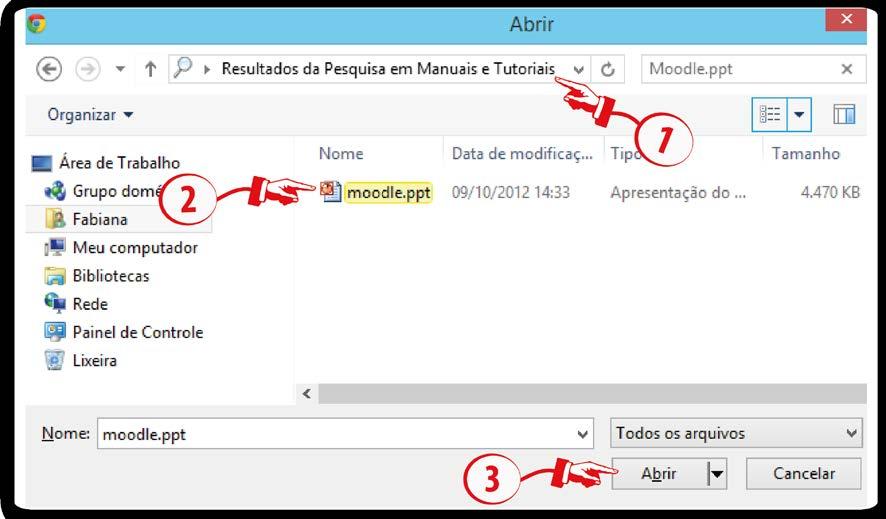 Busque no seu computador o caminho (1) do arquivo a ser adicionado, clique sobre o documento (2) e, após isso, no botão abrir (3). Figura 6 Abrindo o arquivo para adicionar no Moodle 3.