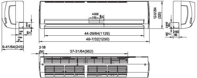 3. Dimensões Dimensões e tamanho da saída de ar MDV-D71G-R3/QN1Y MDV-D80G-R3/QN1Y MDV-D90G-R3/QN1Y Dimensões principais: Comprimento externo: 1250mm, Altura: 245mm, Profundidade: 325mm Comprimento do