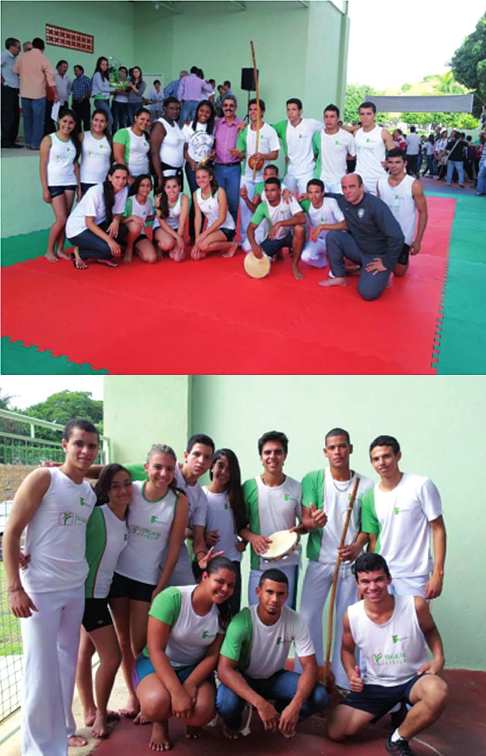 Apresentação do CapoeirIFF no hall da escola, IFFluminense campus Bom Jesus do Itabapoana, com participação de vários alunos.