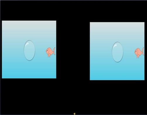 (vídeo B, grupo 2). Juntamente com a animação (mas só depois de o peixinho concluir a ação, ou seja, depois de ele entrar na bolha ou de passar completamente pela bolha), a criança ouvia Olha!